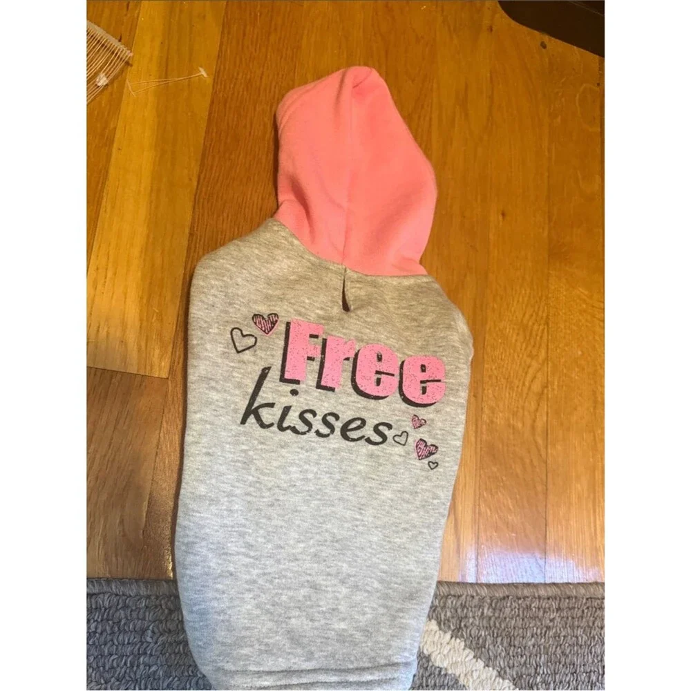 Free Kisses Dog Hoodie Small Gray Pink Pet Sweatshirt Hooded Dog Clothes